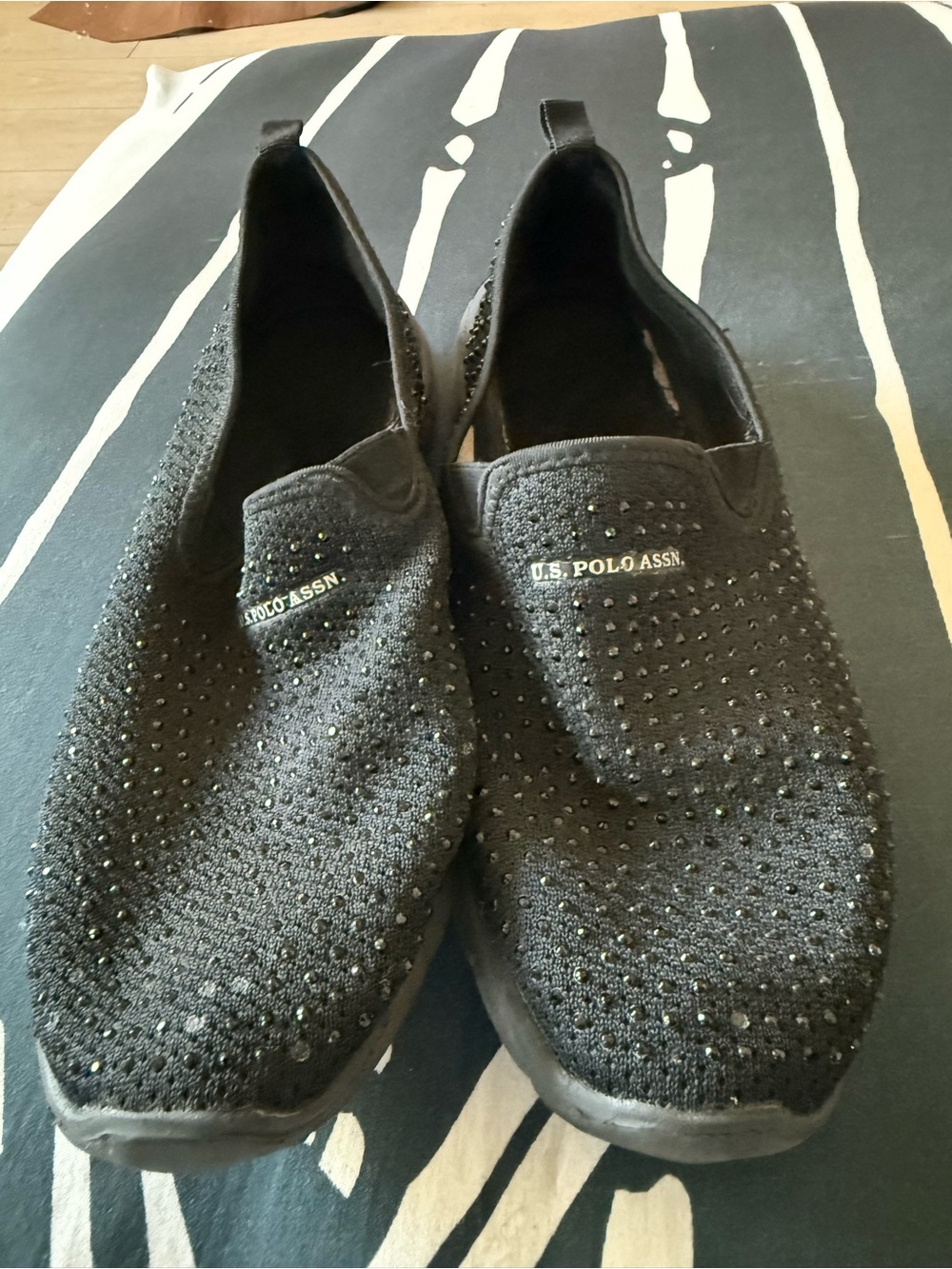 U.S. Polo Assn. Black Slip-On Knit Loafers with Rhinestone Detail